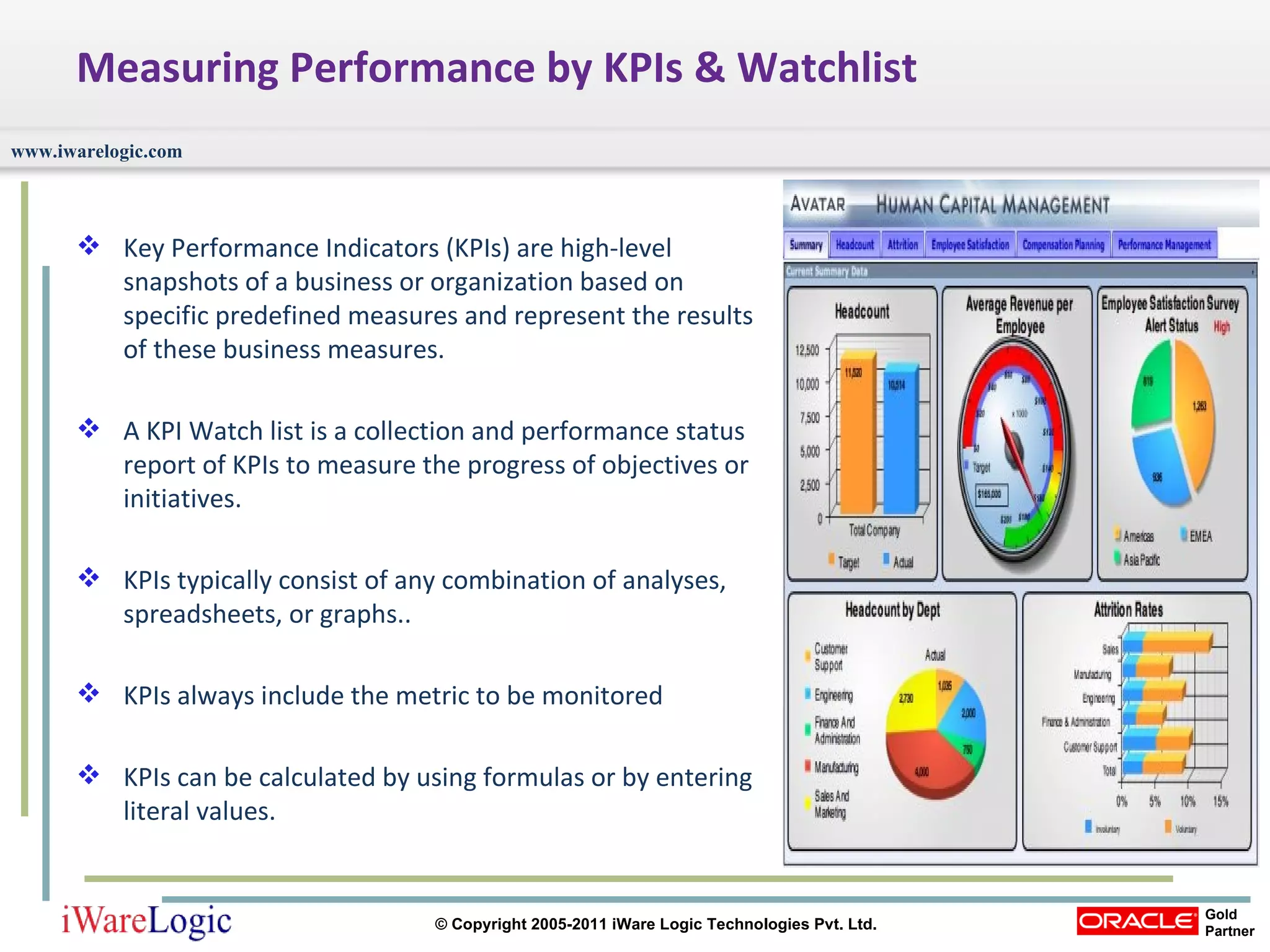Measuring Performance by KPIs & Watchlist Key Performance Indicators (KPIs) are high-level snapshots of a business or organization based on specific predefined measures and represent the results of these business measures. A KPI Watch list is a collection and performance status report of KPIs to measure the progress of objectives or initiatives.  KPIs typically consist of any combination of analyses, spreadsheets, or graphs..  KPIs always include the metric to be monitored  KPIs can be calculated by using formulas or by entering literal values.  