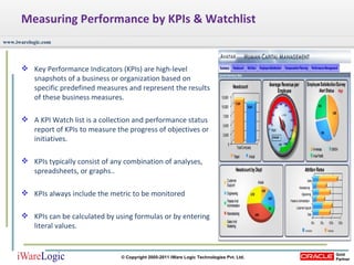 Measuring Performance by KPIs & Watchlist Key Performance Indicators (KPIs) are high-level snapshots of a business or organization based on specific predefined measures and represent the results of these business measures. A KPI Watch list is a collection and performance status report of KPIs to measure the progress of objectives or initiatives.  KPIs typically consist of any combination of analyses, spreadsheets, or graphs..  KPIs always include the metric to be monitored  KPIs can be calculated by using formulas or by entering literal values.  