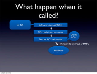 What happen when it
                    called?
              int 13h    Software interrupt(INTx)


                        CPU reads interrupt vector
                                                         On the
                                                         ROM
                        Execute BIOS call handler
                                               Perform IO by in/out or MMIO

                                        Hardware




13年3月17日日曜日
 
