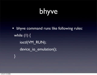 bhyve

              • bhyve command runs like following rules:
               while (1) {
                   ioctl(VM_RUN);
                   device_io_emulation();
               }



13年3月17日日曜日
 