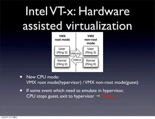 Intel VT-x: Hardware
                  assisted virtualization
                                   VMX                  VMX
                                root mode             non-root
                                                       mode
                                   User                 User
                                 (Ring 3)   VMEntry   (Ring 3)

                                  Kernel     VMExit    Kernel
                                 (Ring 0)             (Ring 0)



              •   New CPU mode:
                  VMX root mode(hypervisor) / VMX non-root mode(guest)
              •   If some event which need to emulate in hypervisor,
                  CPU stops guest, exit to hypervisor → VMExit



13年3月17日日曜日
 