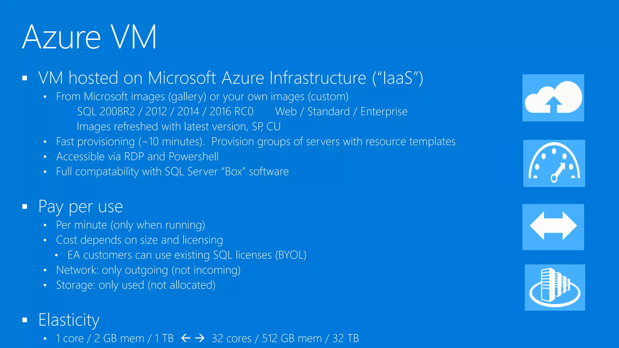 Virtual Machine components Flexible, Scalable CPU and memory Standard and Premium Storage tiers Internal/External Networking 
