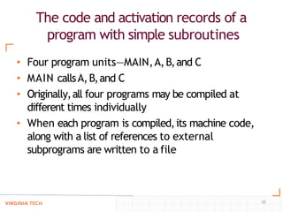 The code and activation records of a
program with simple subroutines
10
• Four program units—MAIN,A,B,and C
• MAIN callsA,B,and C
• Originally,all four programs may be compiled at
different times individually
• When each program is compiled,its machine code,
along with a list of references to external
subprograms are written to a file
 