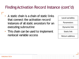 FindingActivation Record Instance (cont’d)
31
• A static chain is a chain of static links
that connect the activation record
instances of all static ancestors for an
executing subroutine
• This chain can be used to implement
nonlocal variable access
Local variables
Parameters
Dynamic link
Static link
Return address
 