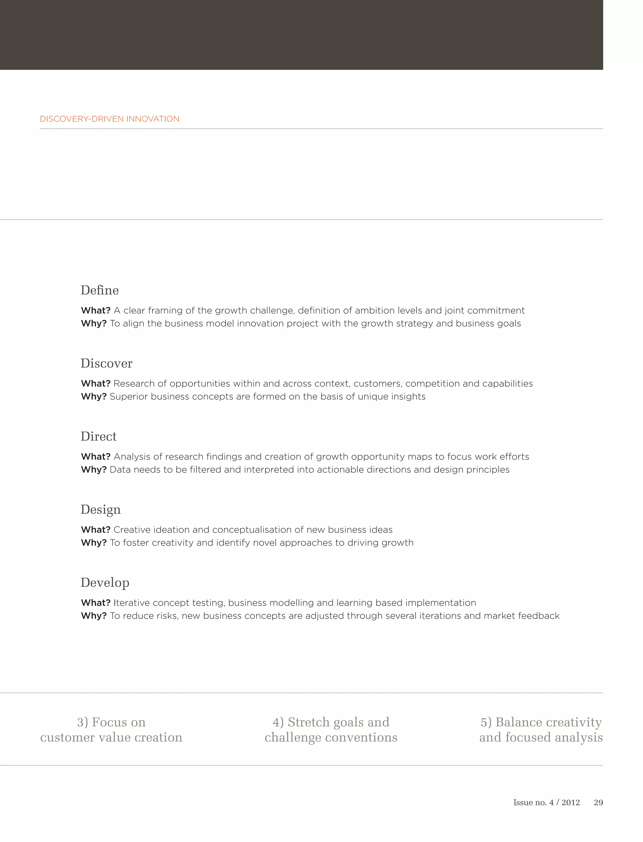 DISCOVERY-DRIVEN INNOVATION




       Define
       What? A clear framing of the growth challenge, definition of ambition levels and joint commitment
       Why? To align the business model innovation project with the growth strategy and business goals



       Discover
       What? Research of opportunities within and across context, customers, competition and capabilities
       Why? Superior business concepts are formed on the basis of unique insights



       Direct
       What? Analysis of research findings and creation of growth opportunity maps to focus work efforts
       Why? Data needs to be filtered and interpreted into actionable directions and design principles



       Design
       What? Creative ideation and conceptualisation of new business ideas
       Why? To foster creativity and identify novel approaches to driving growth



       Develop
       What? Iterative concept testing, business modelling and learning based implementation
       Why? To reduce risks, new business concepts are adjusted through several iterations and market feedback




     3) Focus on                                4) Stretch goals and                          5) Balance creativity
customer value creation                        challenge conventions                          and focused analysis



                                                                                                     Issue no. 4 / 2012   29
 