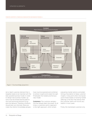 STRATEGY & GROWTH




CREATE GROWTH THROUGH INNOVATIVE BUSINESS MODELS




                                                                                         Context
                                                                          Macro factors, trends and technologies




                                                      Internal                       Value                External
                                                      perspective                    perspective          perspective

                                                                    Key                                      Customer
                     Resources and core competences




                                                                    processes                                relationships




                                                                                                                                                Customers and markets
          Capabilities




                                                       Partner                          Value                             Customer




                                                                                                                                                                    Customers
                                                       network                          proposition                       segments



                                                                    Key
                                                                                                              Channels
                                                                    resources




                                                                       Cost                               Revenue
                                                      Financial        drivers                            streams
                                                      perspective



                                                                                      Competitors
                                                                        Industry structure and competitive situation




  Figure 7. Four knowledge perspectives




ed or latent customer demand that is                                     tives must be explored and combined           evaluating market options and estab-
targeted needs to be matched with the                                    to extract insights and create the right      lishing a foundation of deep customer
best possible business model. In order                                   fit between the market and the busi-          insights. A key point when moving be-
to design new business models, op-                                       ness model.                                   yond simple tweaks of existing market
tions must be limited and focused on                                                                                   offerings is the fact that asking what
the most promising solutions to ex-                                      Customers: The customer perspec-              the customer wants will not be very
ploit the demand. Therefore, all efforts                                 tive has already been discussed. At all       helpful in most cases.
should start out informed. More pre-                                     times, a customer-centric approach
cisely, four distinct knowledge perspec-                                 is the right approach, which entails          Firstly, the mainstream customer only




12   Viewpoints on Change
 