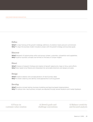 DISCOVERY-DRIVEN INNOVATION




       Define
       What? A clear framing of the growth challenge, definition of ambition levels and joint commitment
       Why? To align the business model innovation project with the growth strategy and business goals



       Discover
       What? Research of opportunities within and across context, customers, competition and capabilities
       Why? Superior business concepts are formed on the basis of unique insights



       Direct
       What? Analysis of research findings and creation of growth opportunity maps to focus work efforts
       Why? Data needs to be filtered and interpreted into actionable directions and design principles



       Design
       What? Creative ideation and conceptualisation of new business ideas
       Why? To foster creativity and identify novel approaches to driving growth



       Develop
       What? Iterative concept testing, business modelling and learning based implementation
       Why? To reduce risks, new business concepts are adjusted through several iterations and market feedback




     3) Focus on                                4) Stretch goals and                          5) Balance creativity
customer value creation                        challenge conventions                          and focused analysis



                                                                                                     Issue no. 4 / 2012   29
 
