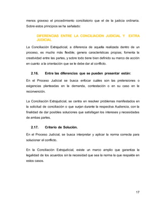 17
menos gravoso el procedimiento conciliatorio que el de la justicia ordinaria.
Sobre estos principios se ha señalado:
DIFERENCIAS ENTRE LA CONCILIACION JUDICIAL Y EXTRA
JUDICIAL
La Conciliación Extrajudicial, a diferencia de aquella realizada dentro de un
proceso, es mucho más flexible; genera características propias; fomenta la
creatividad entre las partes, y sobre todo tiene bien definido su marco de acción
en cuanto a la orientación que se le debe dar al conflicto.
2.16. Entre las diferencias que se pueden presentar están:
En el Proceso Judicial se busca enfocar cuáles son las pretensiones o
exigencias planteadas en la demanda, contestación o en su caso en la
reconvención.
La Conciliación Extrajudicial, se centra en resolver problemas manifestados en
la solicitud de conciliación o que surjan durante la respectiva Audiencia, con la
finalidad de dar posibles soluciones que satisfagan los intereses y necesidades
de ambas partes.
2.17. Criterio de Solución.
En el Proceso Judicial, se busca interpretar y aplicar la norma correcta para
solucionar el conflicto.
En la Conciliación Extrajudicial, existe un marco amplio que garantiza la
legalidad de los acuerdos sin la necesidad que sea la norma la que respalde en
estos casos.
 
