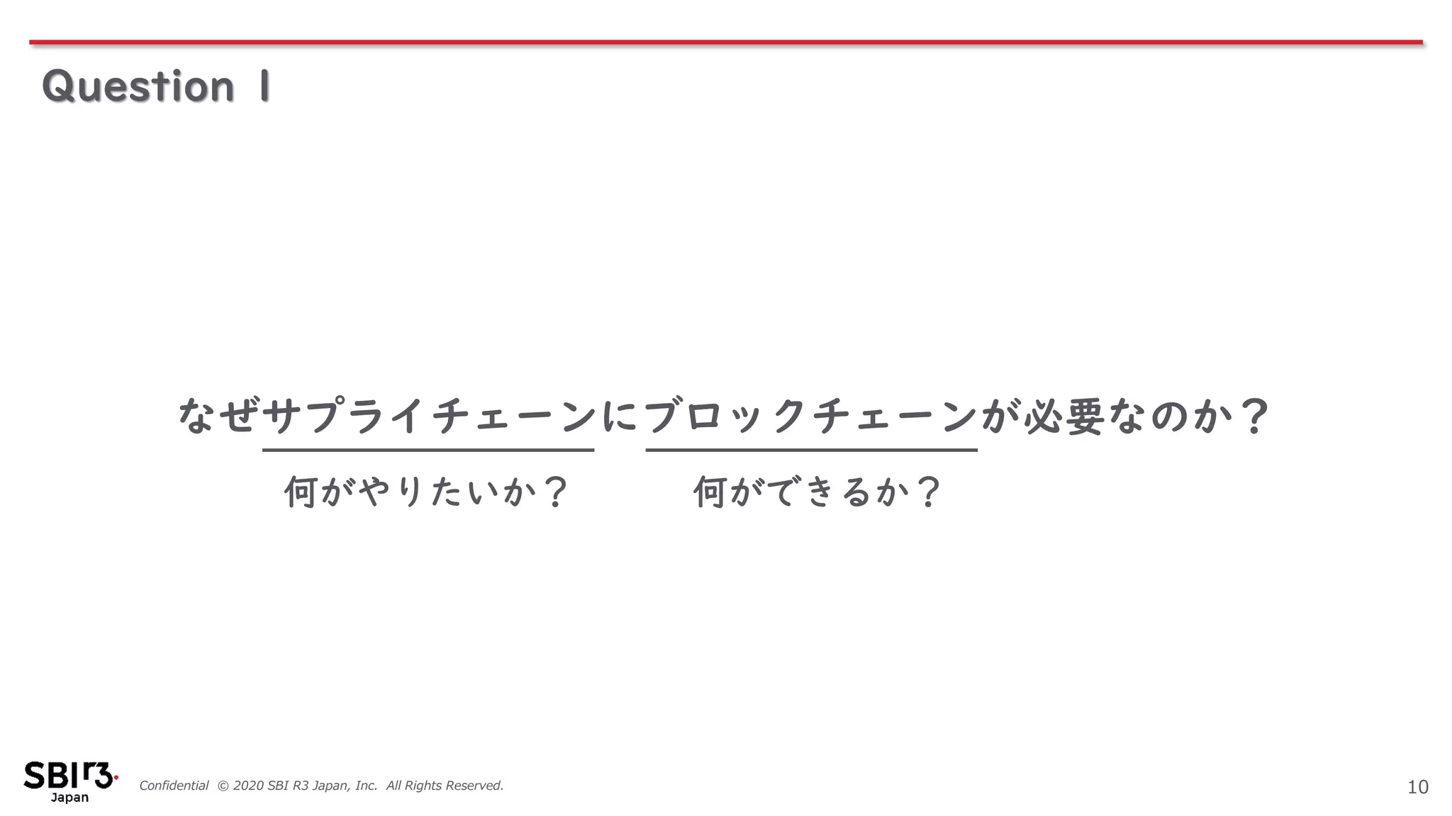 Confidential © 2020 SBI R3 Japan, Inc. All Rights Reserved. 10
なぜサプライチェーンにブロックチェーンが必要なのか？
何がやりたいか？ 何ができるか？
Question 1
 