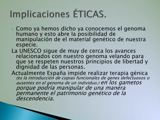 Como ya hemos dicho ya conocemos el genoma
 humano y esto abre la posibilidad de
 manipulación de el material genético de nuestra
 especie.
La UNESCO sigue de muy de cerca los avances
 relacionados con nuestro genoma velando para
 que se respeten nuestros principios de libertad y
 dignidad de las personas.
Actualmente España impide realizar terapia génica
    (es la introducción de copias funcionales de genes defectuosos o
    ausentes en el genoma de un individuo.) en los gametos
    porque podría manipular de una manera
    permanente el patrimonio genético de la
    descendencia.
 