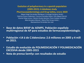 Evolution of polypharmacy in a spanish population
(2005-2015): A database study
Pharmacoepidemiology and Drug Safety, enero 2020
Miguel Angel Hernández-Rodríguez| Ermengol Sempere-Verdú|
Caterina Vicens-Caldentey| Francisca González-Rubio| Félix Miguel-García|
Vicente Palop-Larrea | Ramón Orueta-Sánchez| Óscar Esteban-Jiménez|
Mara Sempere-Manuel | María Pilar Arroyo-Aniés |
Buenaventura Fernández-San José
• Base de datos BIFAP de AEMPS. Población española
multirregional de AP para estudios de farmacoepidemiología.
• Población >14 á de C.Valenciana: 2.6 millones en 2005 y 4 mill
en 2015.
• Estudio de evolución de POLIMEDICACIÓN Y POLIMEDICACIÓN
EXCESIVA desde 2005-2015
• Nota de prensa Semfyc con resultados de estudio
 