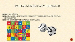  TÉCTICA BÁSICA.
 TECNICAS DE NUMERACION PRECISAS Y EXPERIENCIAS DE CONTAR
ABUNDANTES.
 RECONOCIMIENTO DE PAUTAS REGULARES.
 