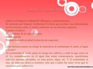 ¿Qué es el Impacto Ambiental? (Riesgos y consecuencias)
Se entiende por Impacto Ambiental el efecto que produce una determinada
acción humana sobre el medio ambiente en sus distintos aspectos.
Cambio climático
Agotamiento de la capa de ozono
Deforestación
Pérdida de biodiversidad (extinción de especies)

¿Qué factores ponen en riesgo la naturaleza al contaminar el suelo, el agua
y el aire?
Al contaminar el suelo, pone en riesgo los cultivos, y todo lo que crece en
el. La contaminación en el agua trae como consecuencia, muchísimas
especies marinas afectadas, ya sean peces, algas, etc. Y al contaminar el
aire, no solo nos afecta a nosotros, sino que a todos los seres vivos que lo
necesitan para sobrevivir.

 