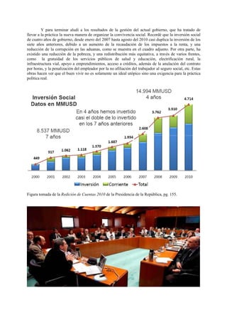 Y para terminar aludí a los resultados de la gestión del actual gobierno, que ha tratado de
llevar a la práctica la nueva manera de organizar la convivencia social. Recordé que la inversión social
de cuatro años de gobierno, desde enero del 2007 hasta agosto del 2010 casi duplica la inversión de los
siete años anteriores, debido a un aumento de la recaudación de los impuestos a la renta, y una
reducción de la corrupción en las aduanas, como se muestra en el cuadro adjunto. Por otra parte, ha
existido una reducción de la pobreza, y una redistribución más equitativa, a través de varios frentes,
como la gratuidad de los servicios públicos de salud y educación, electrificación rural, la
infraestructura vial, apoyo a emprendimientos, acceso a créditos, además de la anulación del contrato
por horas, y la penalización del empleador por la no afiliación del trabajador al seguro social, etc. Estas
obras hacen ver que el buen vivir no es solamente un ideal utópico sino una exigencia para la práctica
política real.




Figura tomada de la Redición de Cuentas 2010 de la Presidencia de la República, pg. 155.
 