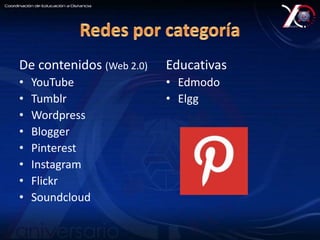 De contenidos (Web 2.0) 
• YouTube 
• Tumblr 
• Wordpress 
• Blogger 
• Pinterest 
• Instagram 
• Flickr 
• Soundcloud 
Educativas 
• Edmodo 
• Elgg 
 