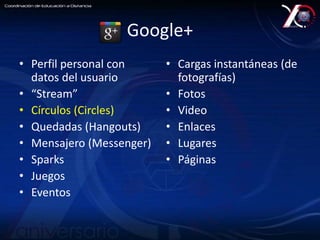 Google+ 
• Perfil personal con 
datos del usuario 
• “Stream” 
• Círculos (Circles) 
• Quedadas (Hangouts) 
• Mensajero (Messenger) 
• Sparks 
• Juegos 
• Eventos 
• Cargas instantáneas (de 
fotografías) 
• Fotos 
• Video 
• Enlaces 
• Lugares 
• Páginas 
 