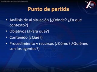 • Análisis de al situación (¿Dónde? ¿En qué 
contexto?) 
• Objetivos (¿Para qué?) 
• Contenido (¿Qué?) 
• Procedimiento y recursos (¿Cómo? ¿Quiénes 
son los agentes?) 
 