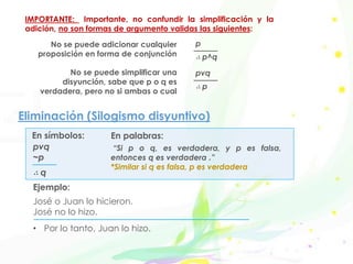 Eliminación (Silogismo disyuntivo)
“Si p o q, es verdadera, y p es falsa,
entonces q es verdadera .”
*Similar si q es falsa, p es verdadera
Ejemplo:
José o Juan lo hicieron.
José no lo hizo.
• Por lo tanto, Juan lo hizo.
pvq
~p
∴ q
En símbolos: En palabras:
IMPORTANTE: Importante, no confundir la simplificación y la
adición, no son formas de argumento validas las siguientes:
p
∴ p^q
No se puede adicionar cualquier
proposición en forma de conjunción
pvq
∴ p
No se puede simplificar una
disyunción, sabe que p o q es
verdadera, pero no si ambas o cual
 