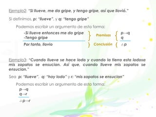 Ejemplo2: “Si llueve, me da gripe, y tengo gripe, así que llovió.”
Si definimos, p: “llueve”, y q: “tengo gripe”
Podemos escribir un argumento de esta forma:
-Si llueve entonces me da gripe
-Tengo gripe
Por tanto, llovio
p→q
q
∴ p
Premisas
Conclusión
Ejemplo3: “Cuando llueve se hace lodo y cuando la tierra esta lodosa
mis zapatos se ensucian. Así que, cuando llueve mis zapatos se
ensucian.”
Sea p: “llueve”, q: “hay lodo” y r: “mis zapatos se ensucian”
Podemos escribir un argumento de esta forma:
p→q
q→r
∴ p→r
 