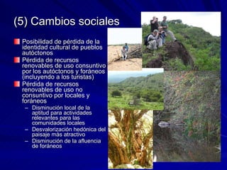 (5) Cambios sociales Posibilidad de pérdida de la identidad cultural de pueblos autóctonos Pérdida de recursos renovables de uso consuntivo por los autóctonos y foráneos (incluyendo a los turistas) Pérdida de recursos renovables de uso no consuntivo por locales y foráneos Disminución local de la aptitud para actividades relevantes para las comunidades locales Desvalorización hedónica del paisaje más atractivo Disminución de la afluencia de foráneos 