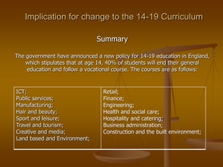 Implication for change to the 14-19 Curriculum

                               Summary

The government have announced a new policy for 14-19 education in England,
    which stipulates that at age 14, 40% of students will end their general
    education and follow a vocational course. The courses are as follows:



ICT;                             Retail;
Public services;                 Finance;
Manufacturing;                   Engineering;
Hair and beauty;                 Health and social care;
Sport and leisure;               Hospitality and catering;
Travel and tourism;              Business administration;
Creative and media;              Construction and the built environment;
Land based and Environment;
 