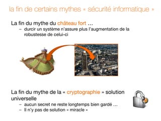 la fin de certains mythes « sécurité informatique »
La fin du mythe du château fort …
– durcir un système n’assure plus l’augmentation de la
robustesse de celui-ci
La fin du mythe de la « cryptographie » solution
universelle
– aucun secret ne reste longtemps bien gardé …
– Il n’y pas de solution « miracle »
 