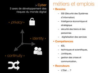 métiers et emplois
 Besoins
– SSI (Sécurité des Systèmes
d’information)
– Intelligence économique et
stratégique
– sécurité des biens et des
personnes
– digitalisation des services
 Compétences
– IES,
– techniques et scientifiques,
– Juridiques,
– gestion des crises et
communication,
 Recruteurs
– L’Etat … ?
> Cyber
3 axes de développement des
risques du monde digital
« privacy »
« identity »
« continuity »
 