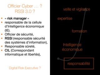 formation
veille et vigilance
expertise
Intelligence
économique
responsabilité
Officier Cyber … ?
RSSI 3.0 ?
 « risk manager »
 responsable de la cellule
d’Intelligence économique
(IE).
 Officier de sécurité,
 RSSI (responsable sécurité
des systèmes d’information),
 Responsable sûreté,
 CIL (Correspondant
informatique et libertés),
Digital Risk Executive ?
 