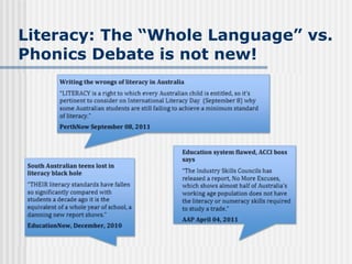 Literacy: The “Whole Language” vs. Phonics Debate is not new! Writing the wrongs of literacy in Australia “ LITERACY is a right to which every Australian child is entitled, so it’s pertinent to consider on International Literacy Day  (September 8) why some Australian students are still failing to achieve a minimum standard of literacy.” PerthNow September 08, 2011   South Australian teens lost in literacy black hole “ THEIR literacy standards have fallen so significantly compared with students a decade ago it is the equivalent of a whole year of school, a damning new report shows.” EducationNow, December, 2010   Education system flawed, ACCI boss says “ The Industry Skills Councils has released a report, No More Excuses, which shows almost half of Australia's working age population does not have the literacy or numeracy skills required to study a trade.” AAP April 04, 2011  