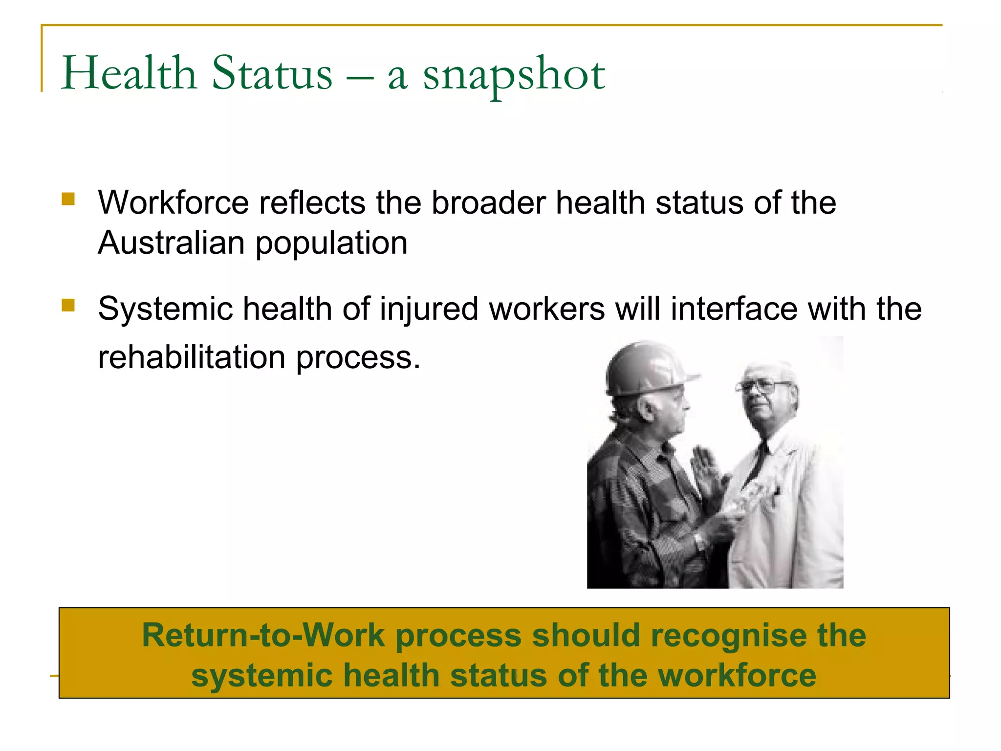 Health Status – a snapshot

   Workforce reflects the broader health status of the
    Australian population
   Systemic health of injured workers will interface with the
    rehabilitation process.




       Return-to-Work process should recognise the
          systemic health status of the workforce
 