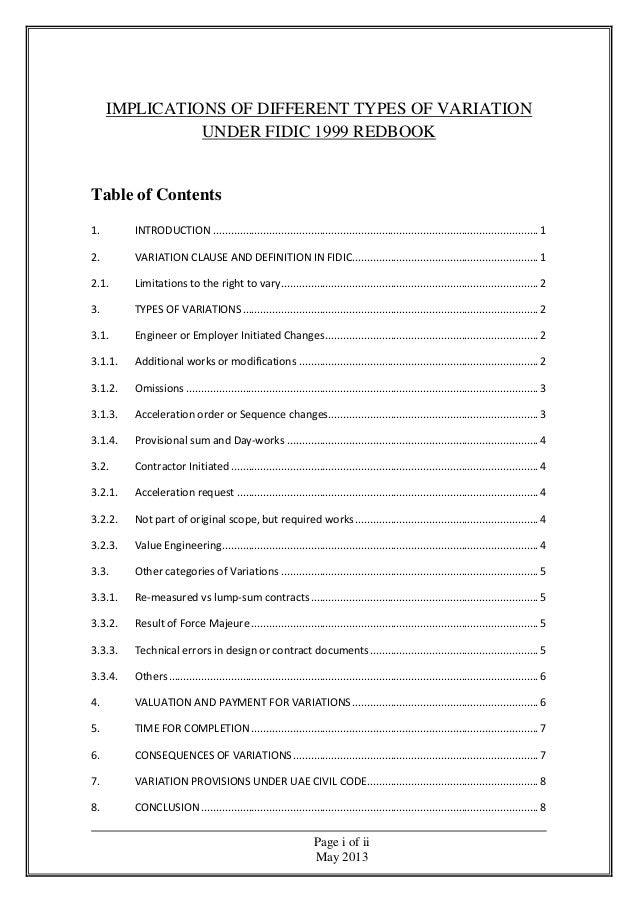 implications of different types of variation under fidic different types of table of contents