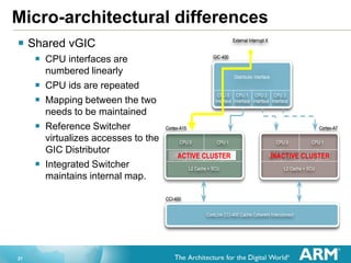 21
Micro-architectural differences
 Shared vGIC
 CPU interfaces are
numbered linearly
 CPU ids are repeated
 Mapping between the two
needs to be maintained
 Reference Switcher
virtualizes accesses to the
GIC Distributor
 Integrated Switcher
maintains internal map.
Cortex-A15 Cortex-A7
CCI-400
CPU 1CPU 0 CPU 0 CPU 1
I$ I$ I$ I$D$ D$ D$ D$
L2 Cache + SCU L2 Cache + SCU
GIC-400
Distributor interface
CPU 0
Interface
CPU 1
Interface
CPU 2
Interface
CPU 3
Interface
CoreLink CCI-400 Cache Coherent Interconnect
External Interrupt X
ACTIVE CLUSTER INACTIVE CLUSTER
 