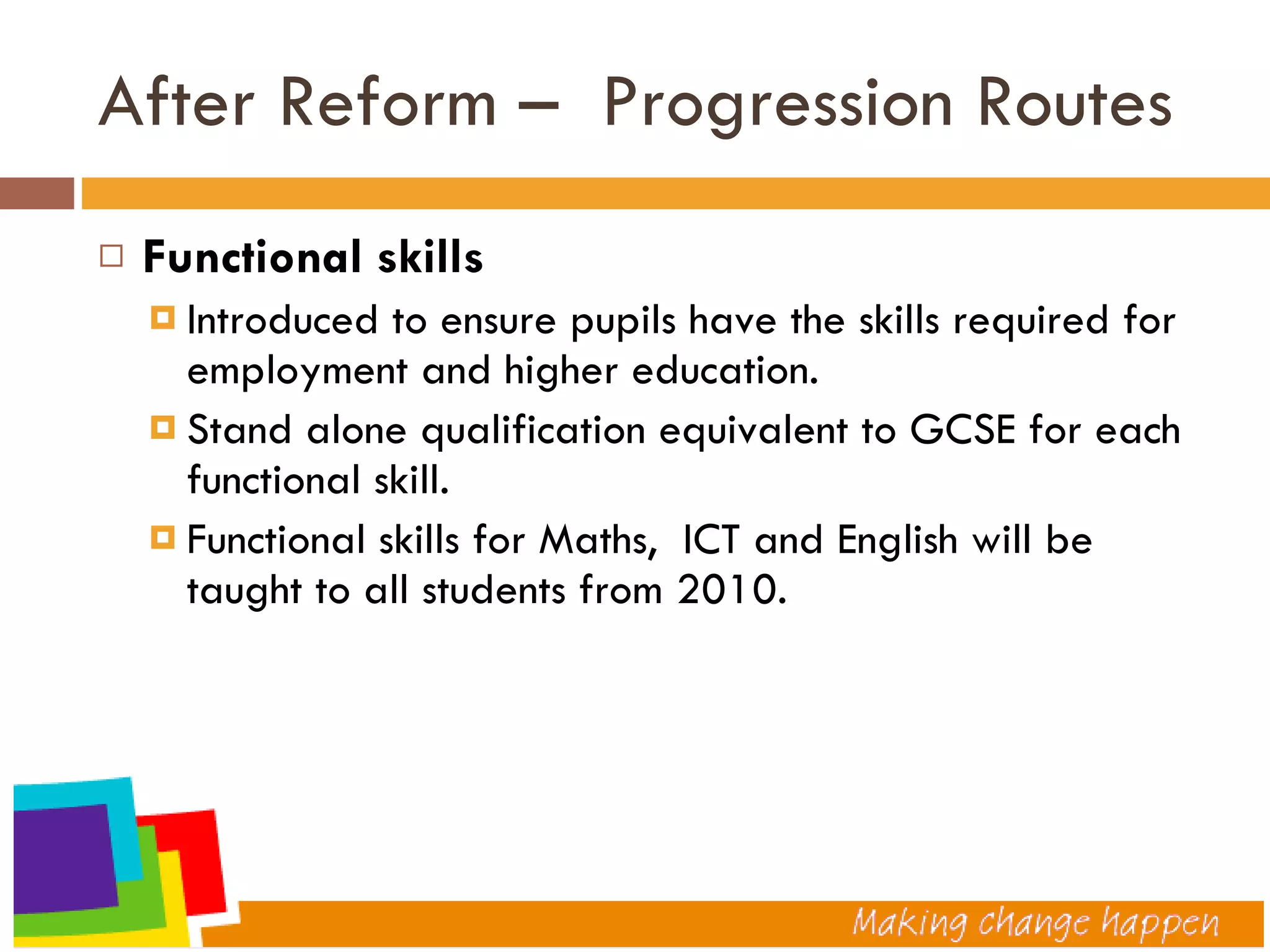 After Reform –  Progression Routes Functional skills Introduced to ensure pupils have the skills required for employment and higher education. Stand alone qualification equivalent to GCSE for each functional skill. Functional skills for Maths,  ICT and English will be taught to all students from 2010. 