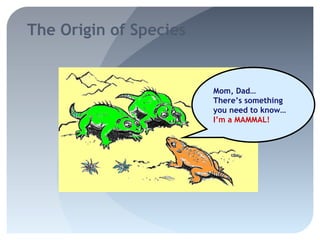 The Origin of Species


                        Mom, Dad…
                        There’s something
                        you need to know…
                        I’m a MAMMAL!
 