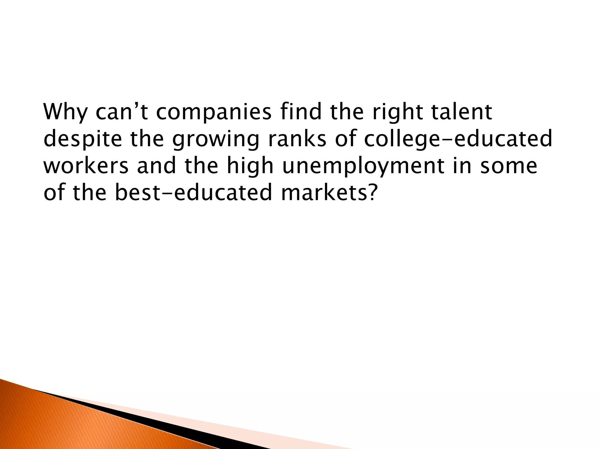 Why can’t companies find the right talent
despite the growing ranks of college-educated
workers and the high unemployment in some
of the best-educated markets?
 