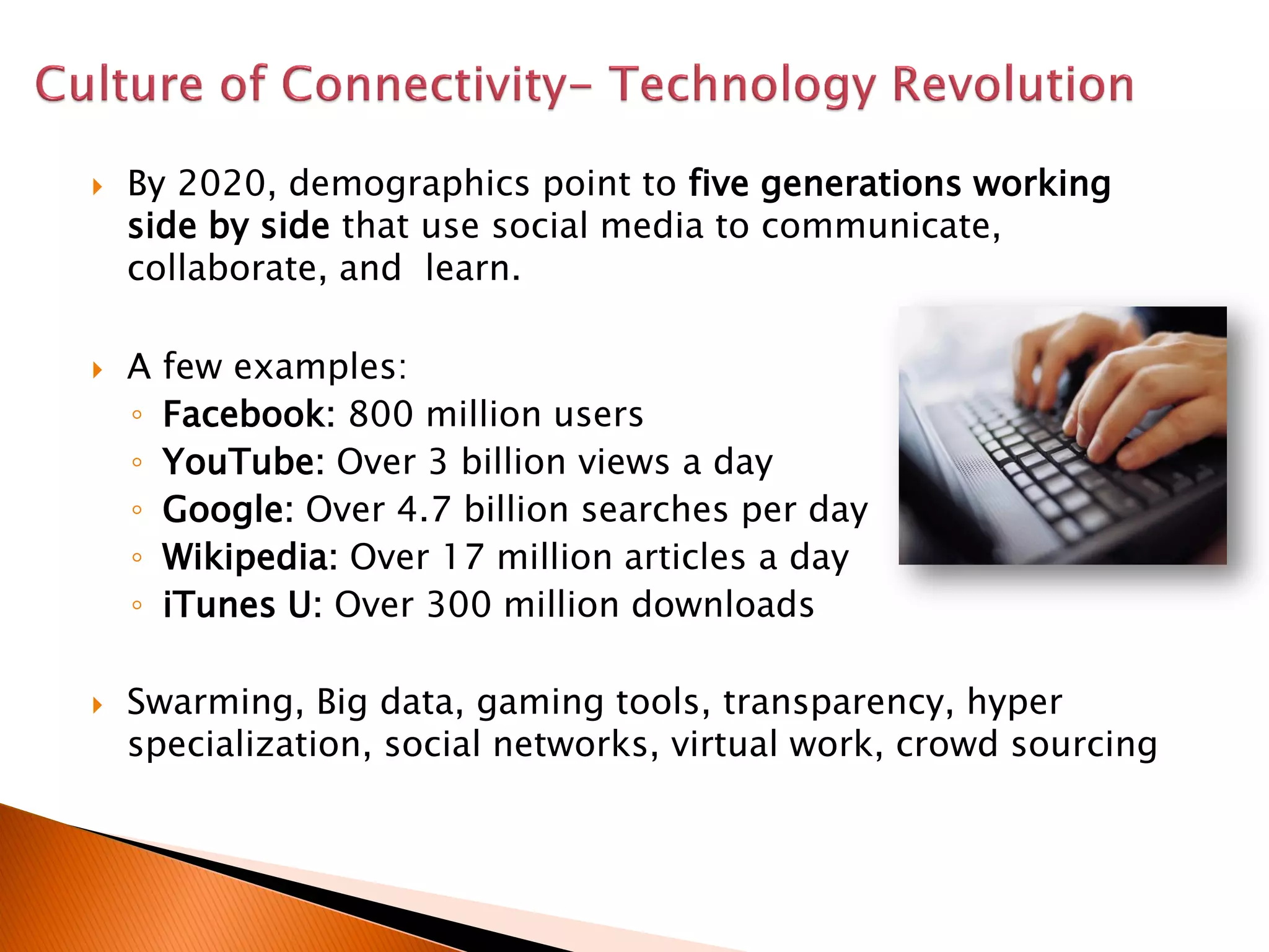  By 2020, demographics point to five generations working
side by side that use social media to communicate,
collaborate, and learn.
 A few examples:
◦ Facebook: 800 million users
◦ YouTube: Over 3 billion views a day
◦ Google: Over 4.7 billion searches per day
◦ Wikipedia: Over 17 million articles a day
◦ iTunes U: Over 300 million downloads
 Swarming, Big data, gaming tools, transparency, hyper
specialization, social networks, virtual work, crowd sourcing
 