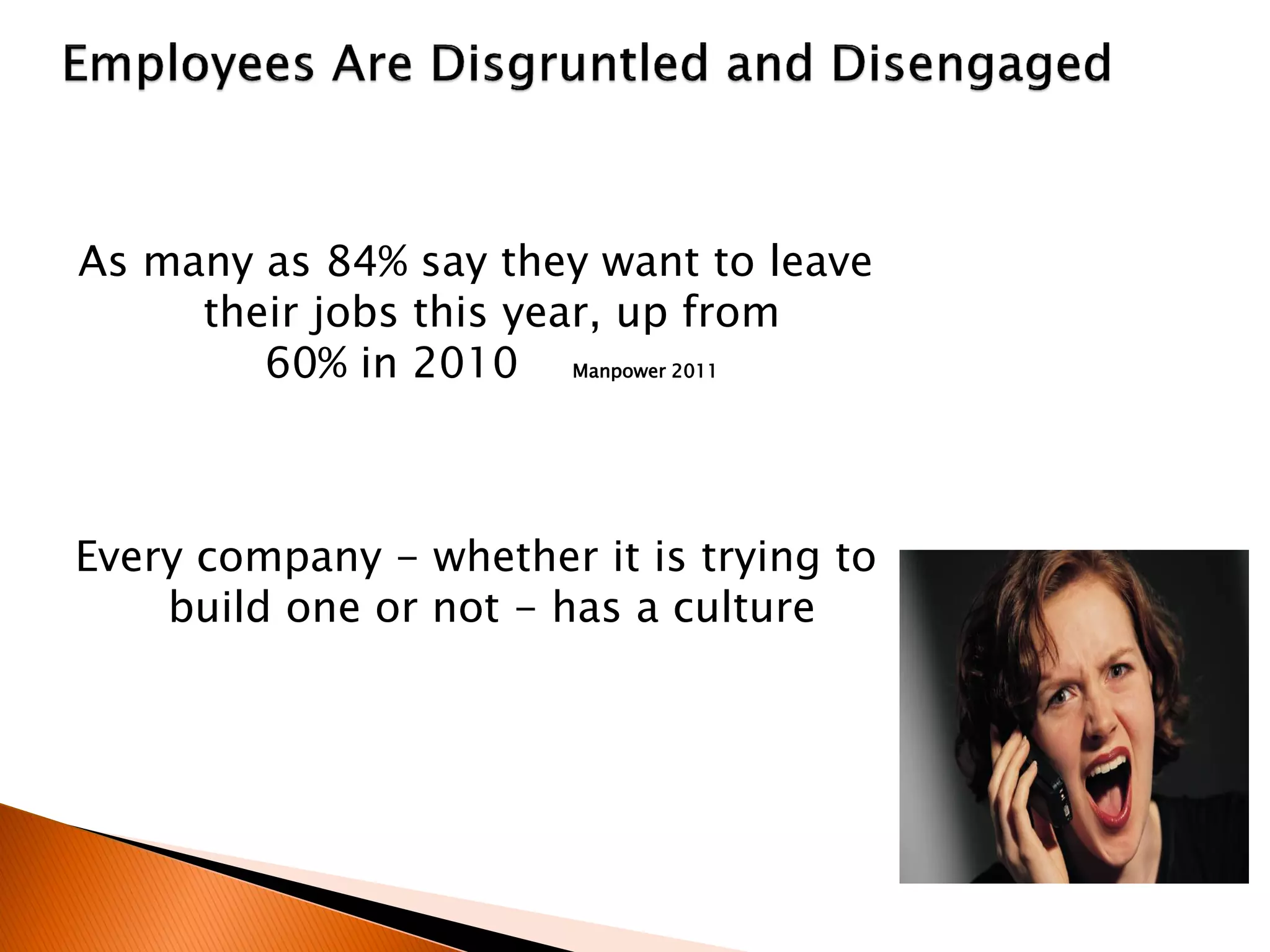 As many as 84% say they want to leave
their jobs this year, up from
60% in 2010 Manpower 2011
Every company - whether it is trying to
build one or not - has a culture
 