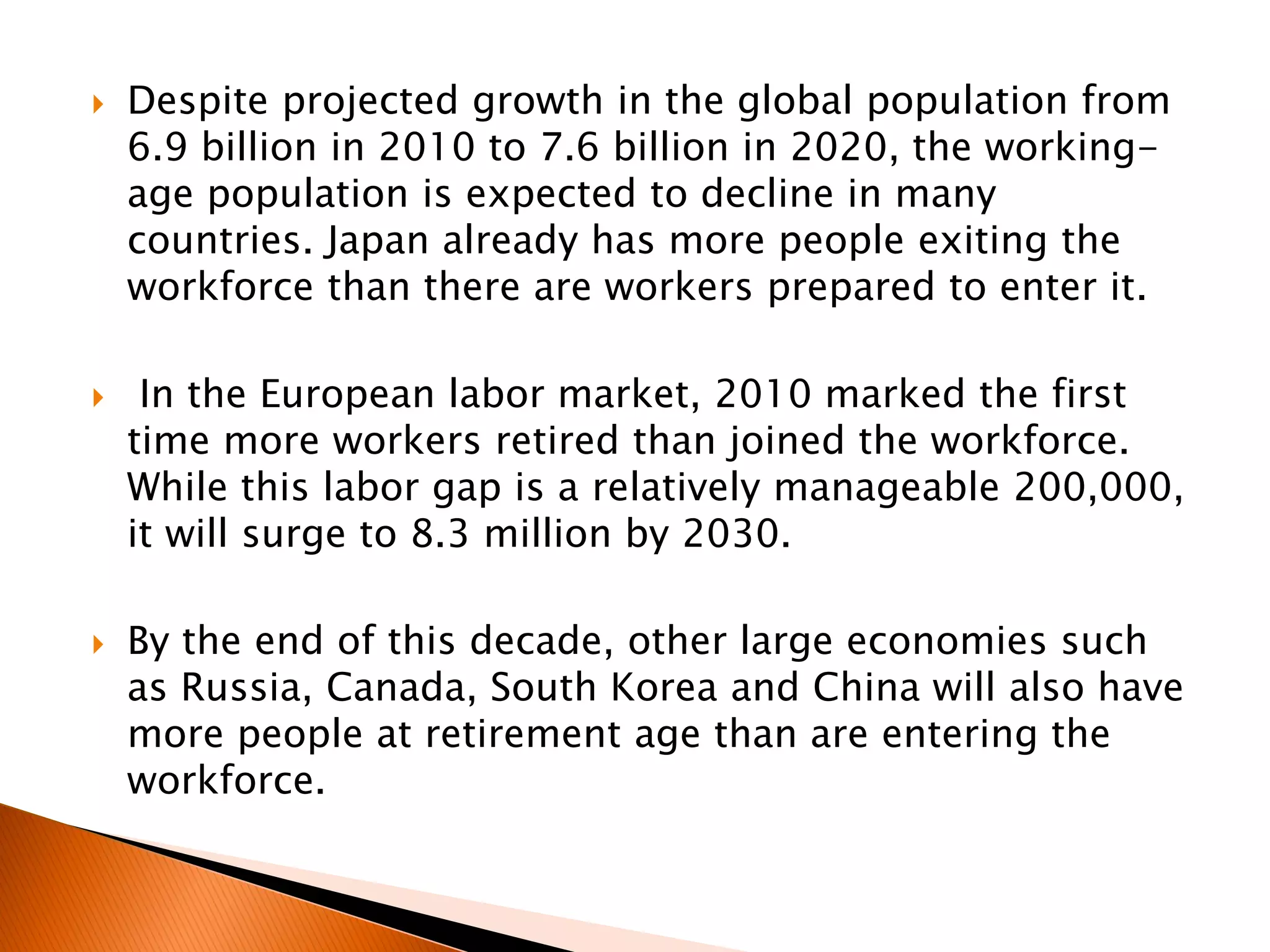  Despite projected growth in the global population from
6.9 billion in 2010 to 7.6 billion in 2020, the working-
age population is expected to decline in many
countries. Japan already has more people exiting the
workforce than there are workers prepared to enter it.
 In the European labor market, 2010 marked the first
time more workers retired than joined the workforce.
While this labor gap is a relatively manageable 200,000,
it will surge to 8.3 million by 2030.
 By the end of this decade, other large economies such
as Russia, Canada, South Korea and China will also have
more people at retirement age than are entering the
workforce.
 