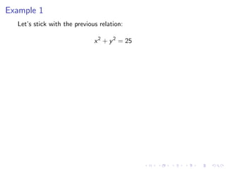 Example 1
Let’s stick with the previous relation:
x2
+ y2
= 25
 