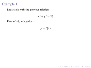 Example 1
Let’s stick with the previous relation:
x2
+ y2
= 25
First of all, let’s write:
y = f (x)
 