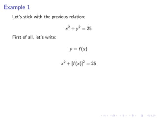 Example 1
Let’s stick with the previous relation:
x2
+ y2
= 25
First of all, let’s write:
y = f (x)
x2
+ [f (x)]2
= 25
 