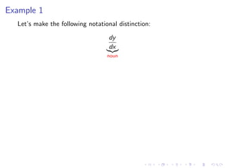 Example 1
Let’s make the following notational distinction:
dy
dx
noun
 