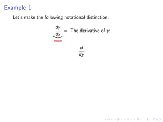 Example 1
Let’s make the following notational distinction:
dy
dx
noun
= The derivative of y
d
dy
 
