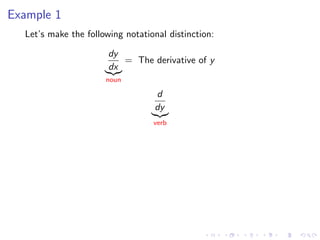 Example 1
Let’s make the following notational distinction:
dy
dx
noun
= The derivative of y
d
dy
verb
 