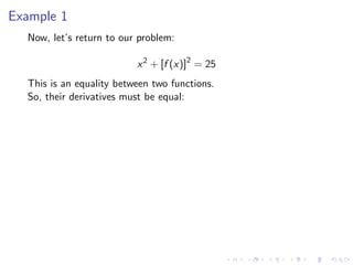 Example 1
Now, let’s return to our problem:
x2
+ [f (x)]2
= 25
This is an equality between two functions.
So, their derivatives must be equal:
 