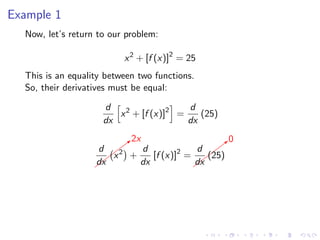 Example 1
Now, let’s return to our problem:
x2
+ [f (x)]2
= 25
This is an equality between two functions.
So, their derivatives must be equal:
d
dx
x2
+ [f (x)]2
=
d
dx
(25)
&
&
&
&&b
2x
d
dx
x2
+
d
dx
[f (x)]2
=
&
&
&
&b
0
d
dx
(25)
 