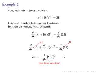 Example 1
Now, let’s return to our problem:
x2
+ [f (x)]2
= 25
This is an equality between two functions.
So, their derivatives must be equal:
d
dx
x2
+ [f (x)]2
=
d
dx
(25)
&
&
&
&&b
2x
d
dx
x2
+
d
dx
[f (x)]2
=
&
&
&
&b
0
d
dx
(25)
2x +
d
dx
[f (x)]2
How do we solve this?
= 0
 