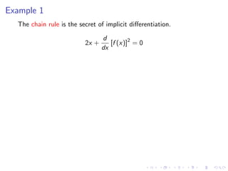 Example 1
The chain rule is the secret of implicit diﬀerentiation.
2x +
d
dx
[f (x)]2
= 0
 