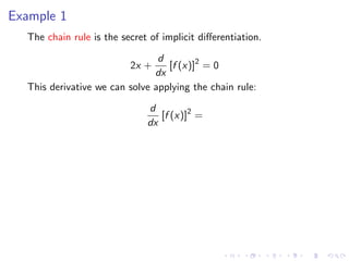 Example 1
The chain rule is the secret of implicit diﬀerentiation.
2x +
d
dx
[f (x)]2
= 0
This derivative we can solve applying the chain rule:
d
dx
[f (x)]2
=
 