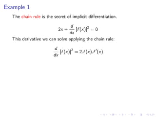 Example 1
The chain rule is the secret of implicit diﬀerentiation.
2x +
d
dx
[f (x)]2
= 0
This derivative we can solve applying the chain rule:
d
dx
[f (x)]2
= 2.f (x).f (x)
 